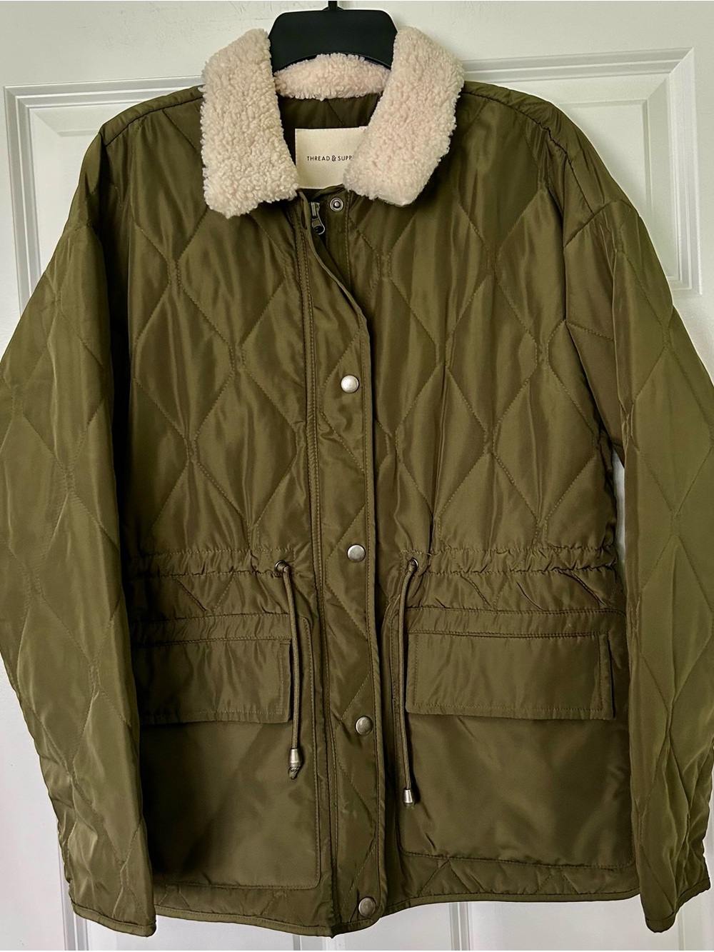 Thread & Supply Olive Green Quilted Jacket with Cream Sherpa Collar